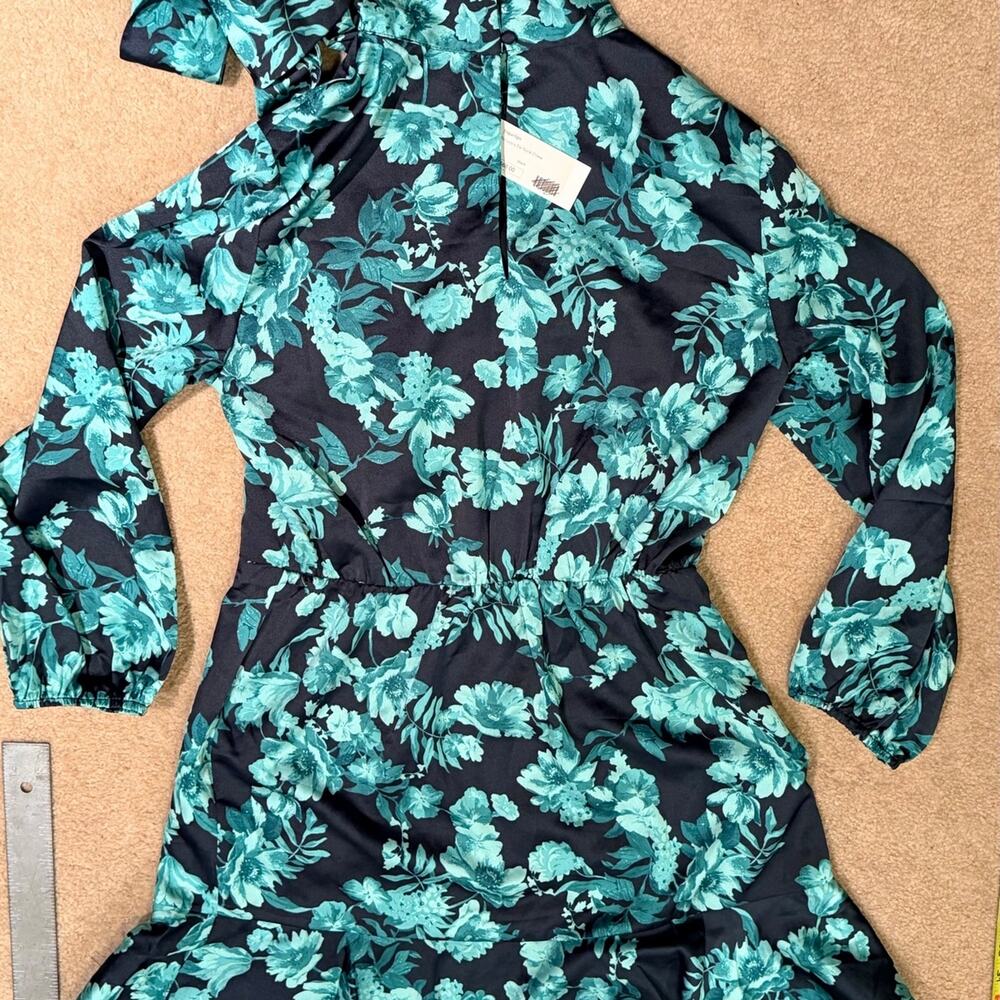 Sugarlips NWT Botanica Tie Neck Mini Dress Medium Black Teal Floral Long Sleeve